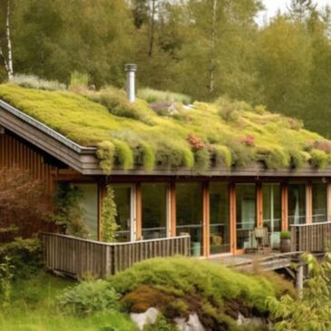 House with a green roof covered in plants.