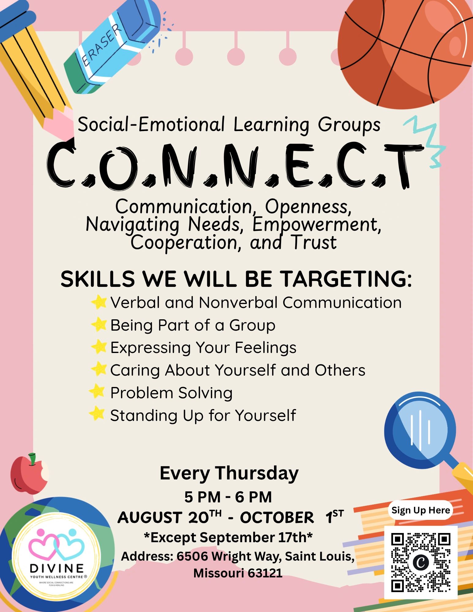 Flyer for Social-Emotional Learning Groups focusing on communication and trust.