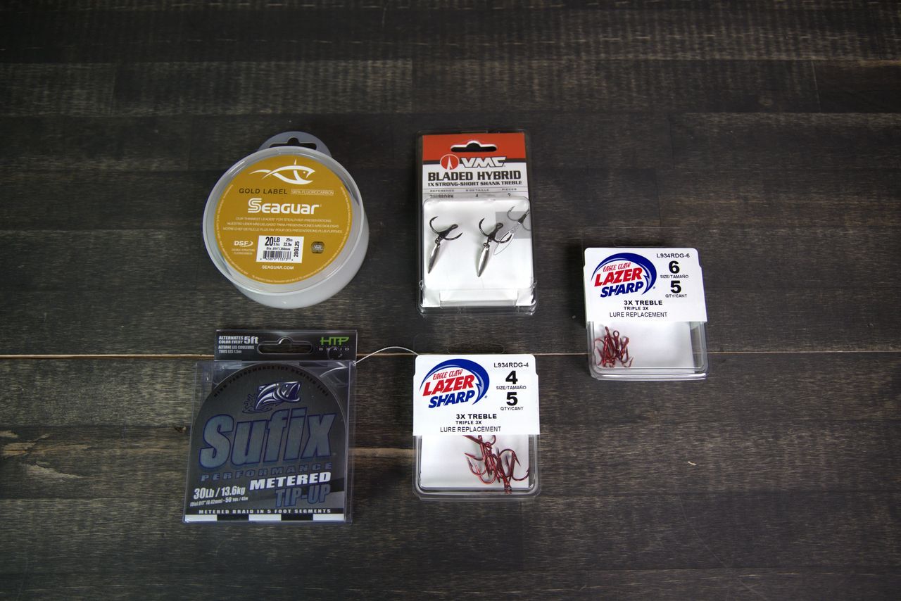 Seaguar Gold Label Fluorocarbon/Sufix Performance 30LB Braided Line/VMC Bladed Trebles Size 4 and Eagle Claw Lazer Sharp 3X Treble Size 4 and 6