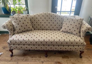 Upholstery. Re-upholstery. Custom upholstered sofa. Custom cushion with new foam.