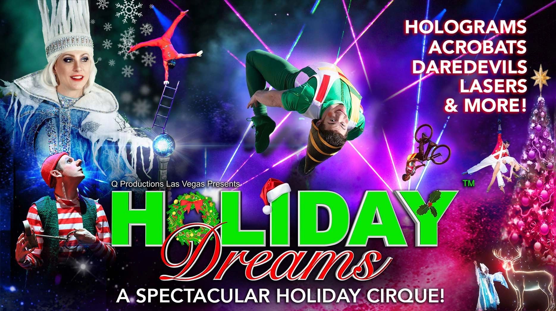 Elf doing a backflip on top of the logo for Holiday Dreams Cirque Holiday Show
