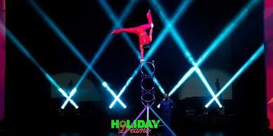 Hand Balancer performing in Holiday Dreams Cirque Show.