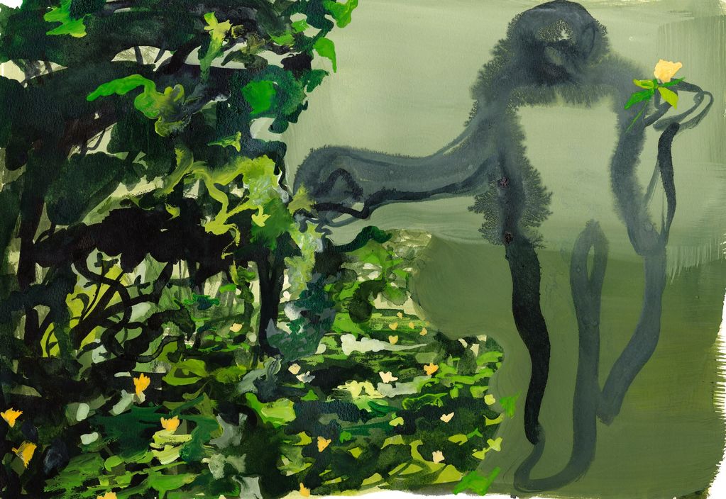 Abstract figure holding a yellow flower in a lush green environment.