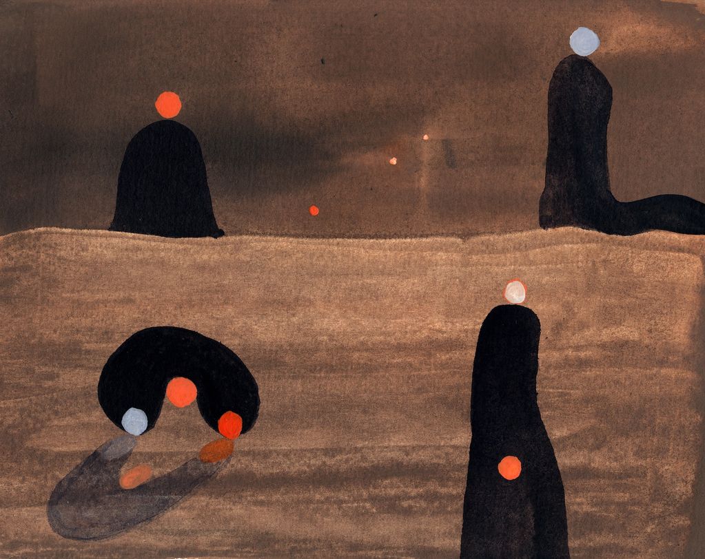 Abstract figures with colored heads on a brown textured background.