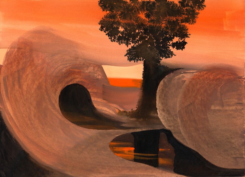 Surreal landscape with a large tree and abstract rock formations under an orange sky.