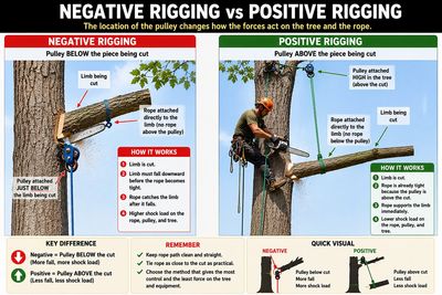 Comparison of negative rigging and positive rigging in tree cutting, showing pulley positions and safety.