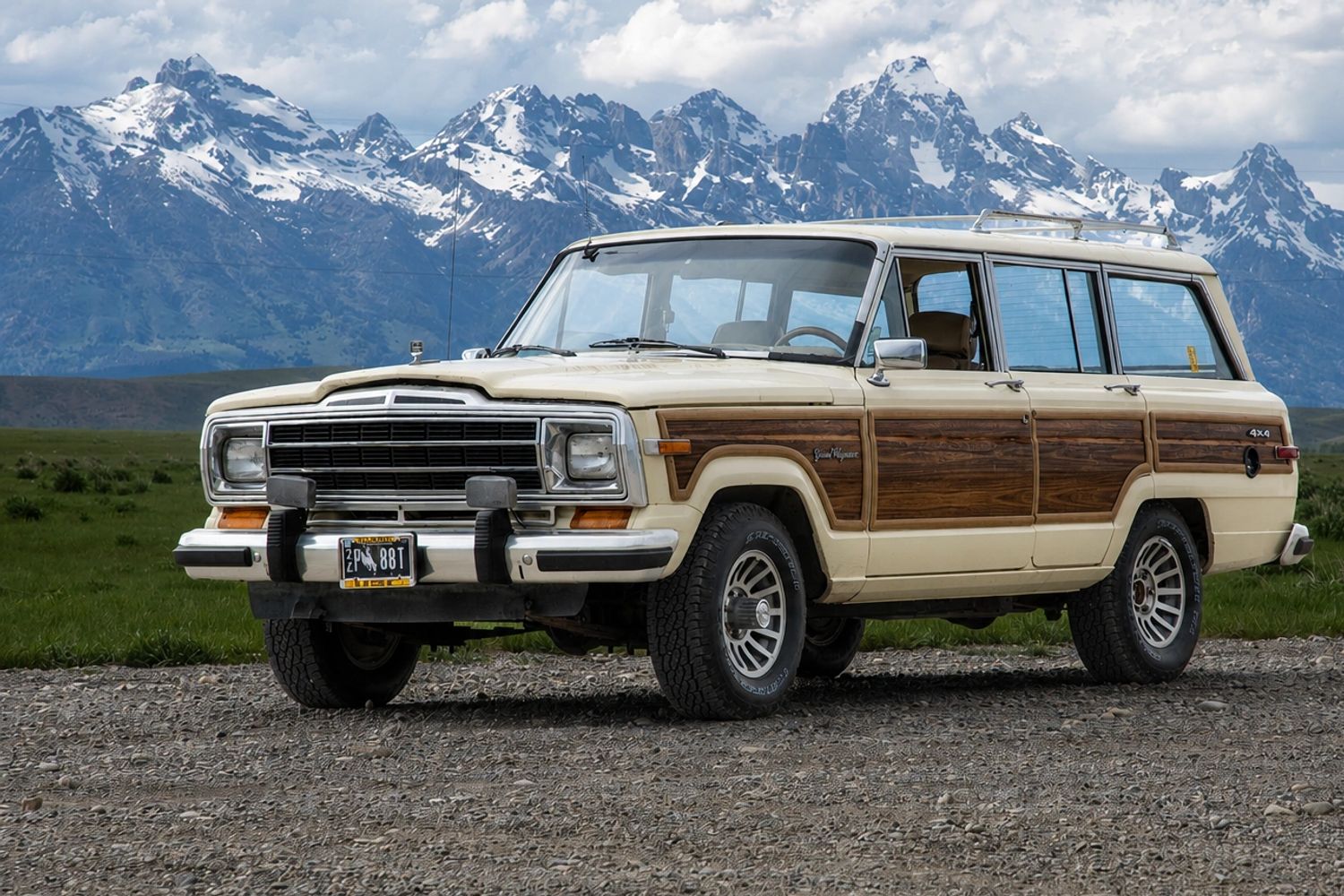 Grizzly Woody 1988 Jeep Grand Wagoneer beneath the Grand Tetons near Jackson Hole, Wyoming. 