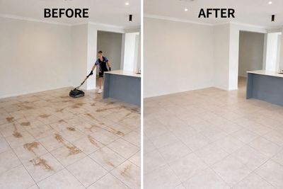 Before and after cleaning a dirty tiled floor to spotless condition.