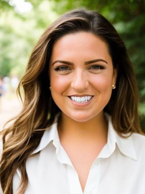 A young woman with long hair smiling outdoors.