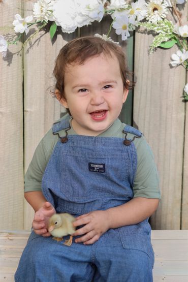 A smiling toddler in denim overalls holding a yellow duckling.