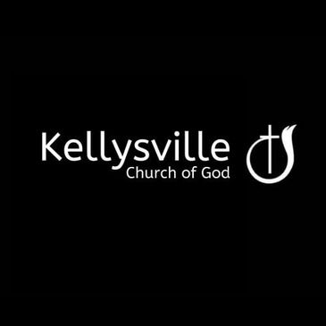 Logo of Kellysville Church of God with a cross symbol on black background.