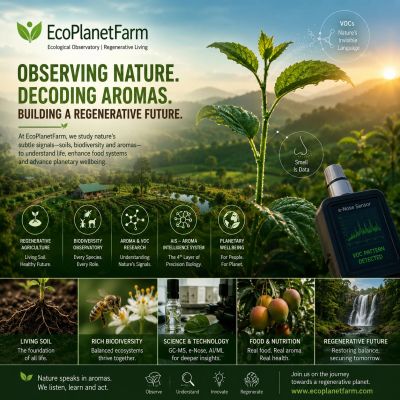 EcoPlanetFarm Aroma Intelligence System (AIS) illustrating soil, weather, imaging and plant VOC sign