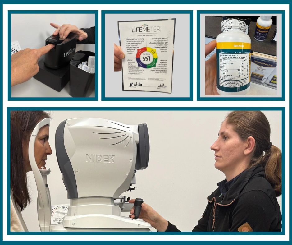Life Meter carotenoid scan device and results, patient undergoing eye exam with NIDEK equipment, wellness supplements, and informational materials, illustrating comprehensive eye care at Fox Run Eye Care.