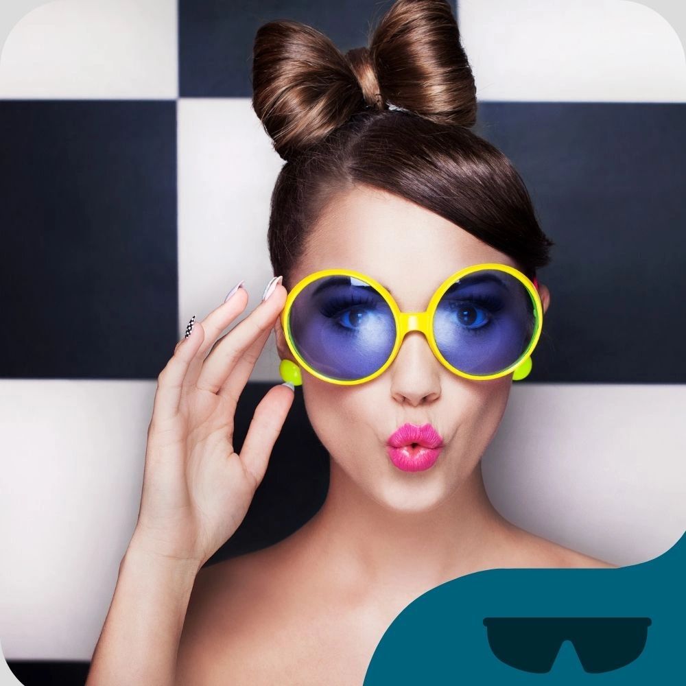 Woman with oversized yellow sunglasses and a playful expression, emphasizing eye protection and style, relevant to Fox Run Eye Care's focus on UV protection and personalized eyewear solutions.