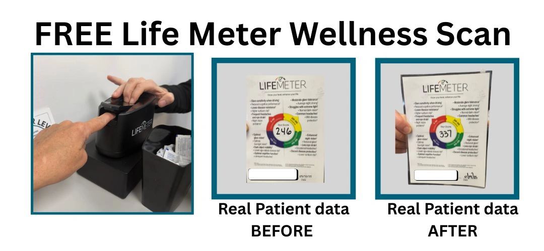Free Life Meter wellness scan device displaying patient data before and after readings, emphasizing carotenoid levels for eye health at Fox Run Eye Care community wellness event.