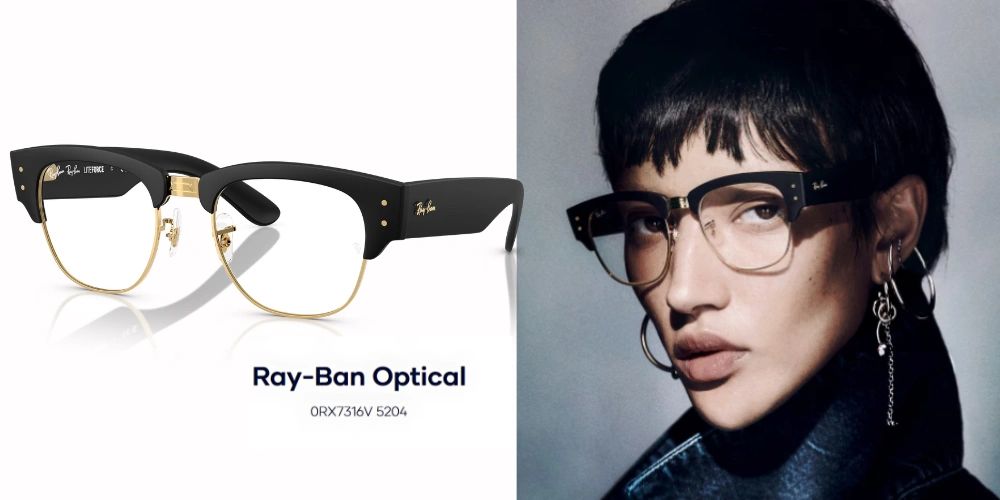 Ray-Ban designer eyeglasses Ray-Ban Optical glasses with a stylish black and gold design, featured alongside a model showcasing fashionable eyewear, emphasizing designer frames available at Fox Run Eye Care.