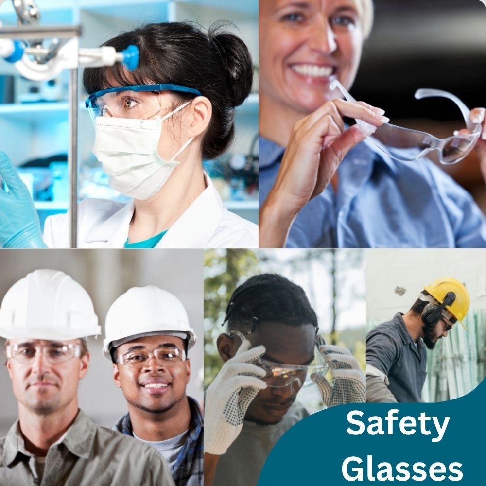 Diverse individuals wearing safety glasses in various professional settings, including laboratory and industrial environments, emphasizing eye protection and wellness for work safety.