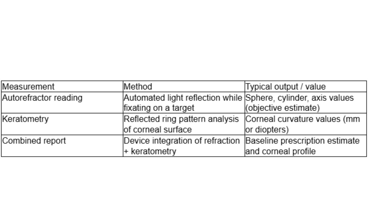 NIDEK measurement table displaying autorefractor reading, keratometry, and combined report methods with typical outputs for eye exams at Fox Run Eye Care.