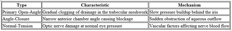 Types of glaucoma including Primary Open-Angle, Angle-Closure, and Normal-Tension, with characteristics and mechanisms affecting optic nerve health.