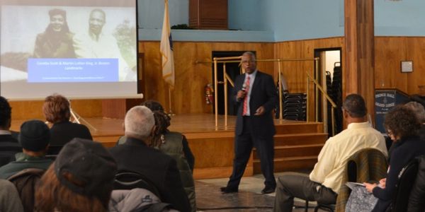 Clennon L. King presents to MLKBoston at Prince Hall in Grove Hall on March 19, 2018. 