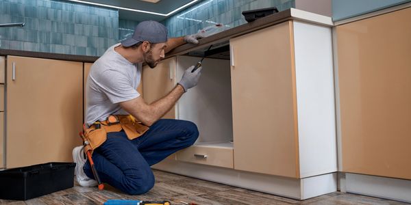 A handyman repairs a kitchen cabinet with tools.