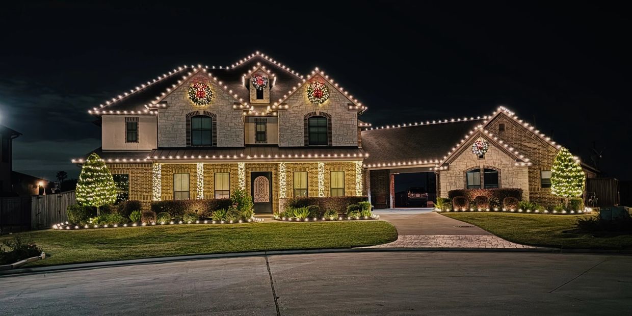Beautifully decorated house with Christmas lights and wreaths at night.