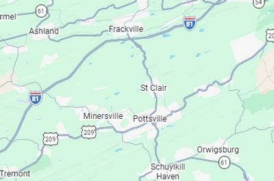 Map showing towns and highways around Pottsville, Pennsylvania.
