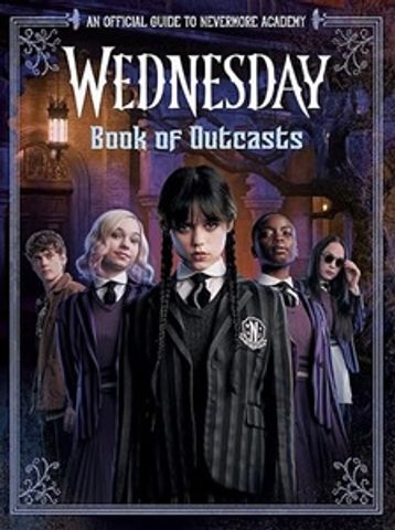Cover of 'Wednesday: Book of Outcasts' featuring five characters in gothic attire.