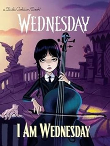 Wednesday playing cello on a gothic balcony at sunset.