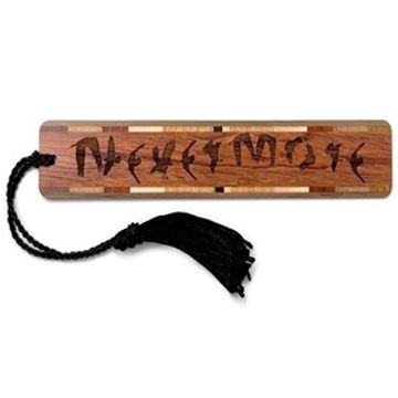 Photo of wooden bookmark engraved with Nevermore ravens