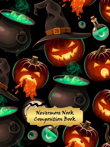 Halloween-themed composition book cover with pumpkins, witch hats, and potions.