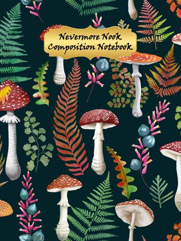Composition notebook cover with colorful mushrooms and foliage pattern.