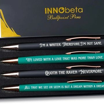 Set of four ballpoint pens with literary quotes in a black and yellow box.