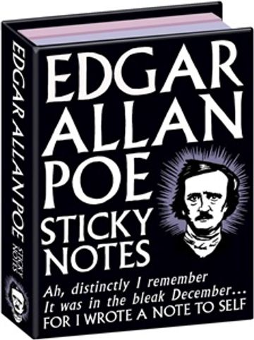 A pack of Edgar Allan Poe themed sticky notes with a portrait of the author.