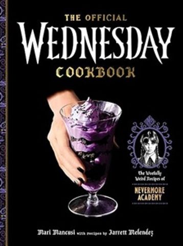 Cover of The Official Wednesday Cookbook featuring a purple dessert and gothic design.