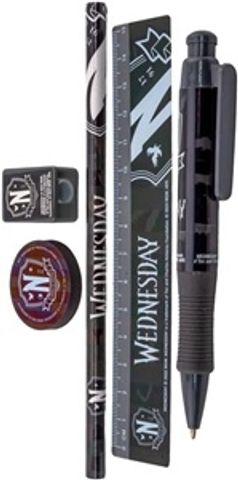 Black and white stationery set with pencils, sharpener, eraser, and ruler.