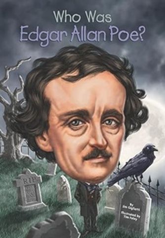 Caricature of Edgar Allan Poe with a raven in a graveyard setting.