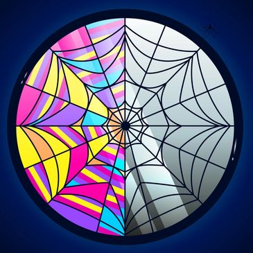 Stained glass window with half dark and half rainbow web design