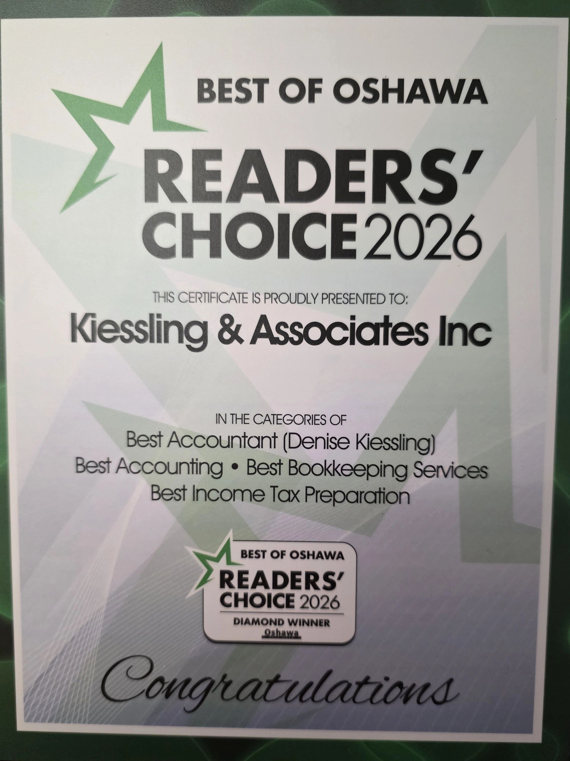 Certificate for Best of Oshawa Readers' Choice 2026 awarded to Kiessling &amp; Associates Inc.