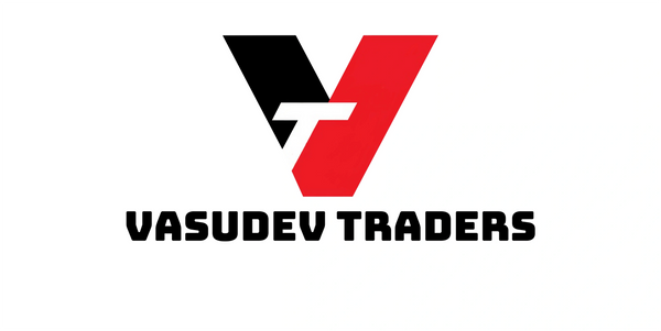 Logo for "Vasudev Traders" with a black and red "V" and white "T" above bold text "VASUDEV TRADERS."