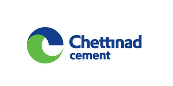 Logo for "Chettinad Cement" with a blue and green circular design and bold blue text on the right.