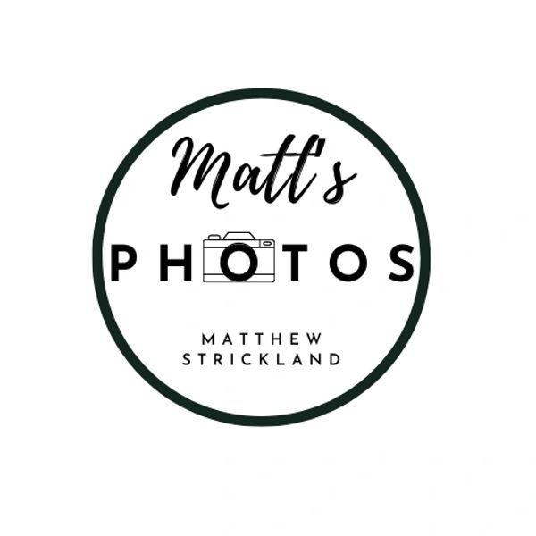 A circular logo for Matt's Photo's Matthew Strickland with a camera and black circle surrounding the