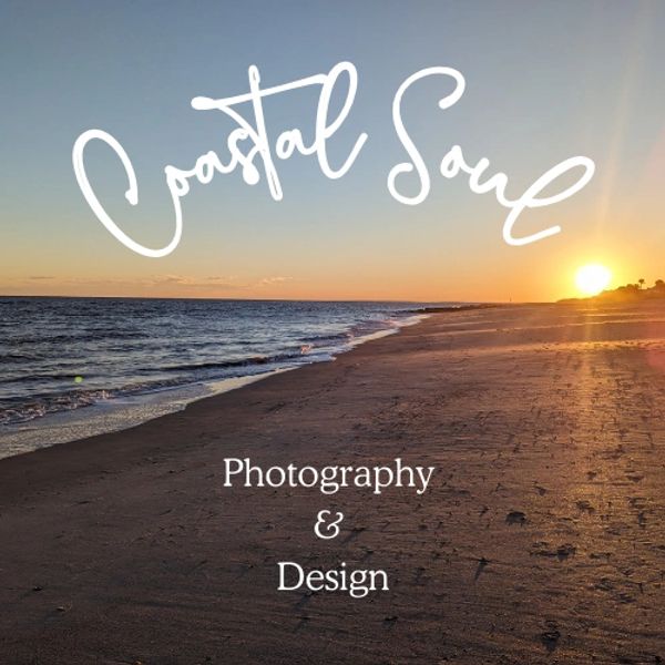 A sunset on the beach is the background for the logo of Coastal Soul Photography and Design.