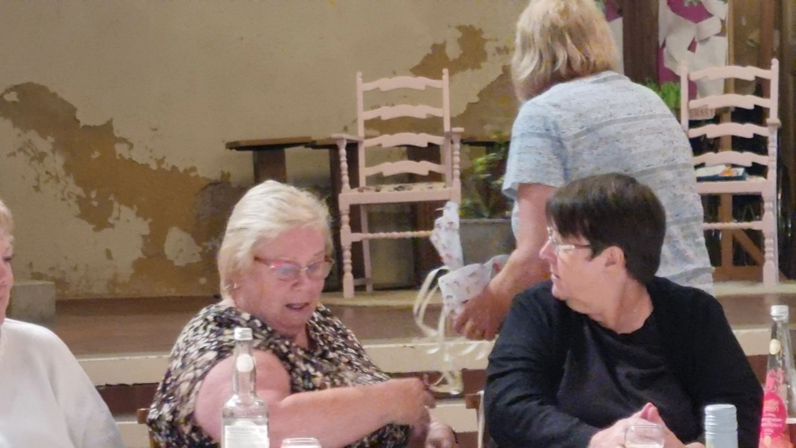 Group of elderly people socializing indoors.