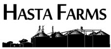 Logo of Hasta Farms with farm equipment silhouettes.