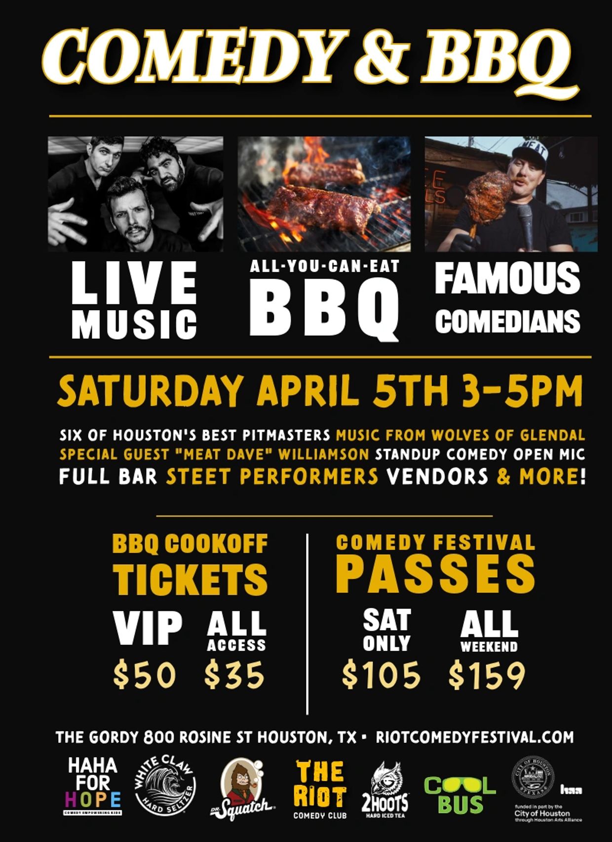 Riot Comedy Festival presents Comedy & BBQ Cookoff on Saturday, April 5 from 3-5pm on the Gordy lawn