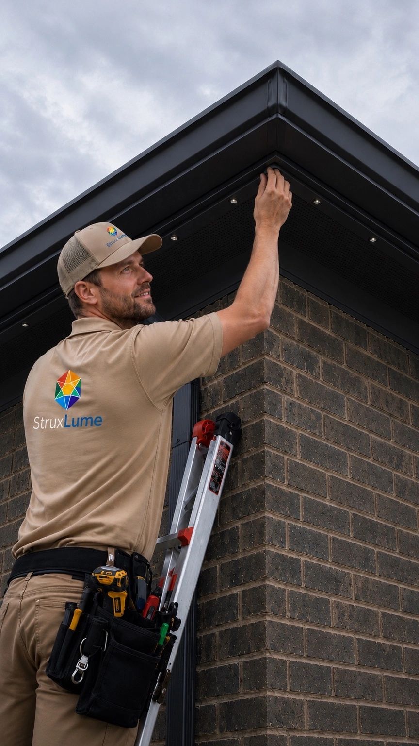 Man in StruxLume uniform working on house roof corner.