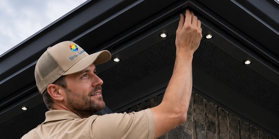 Technician inspecting outdoor LED lights under roof.
