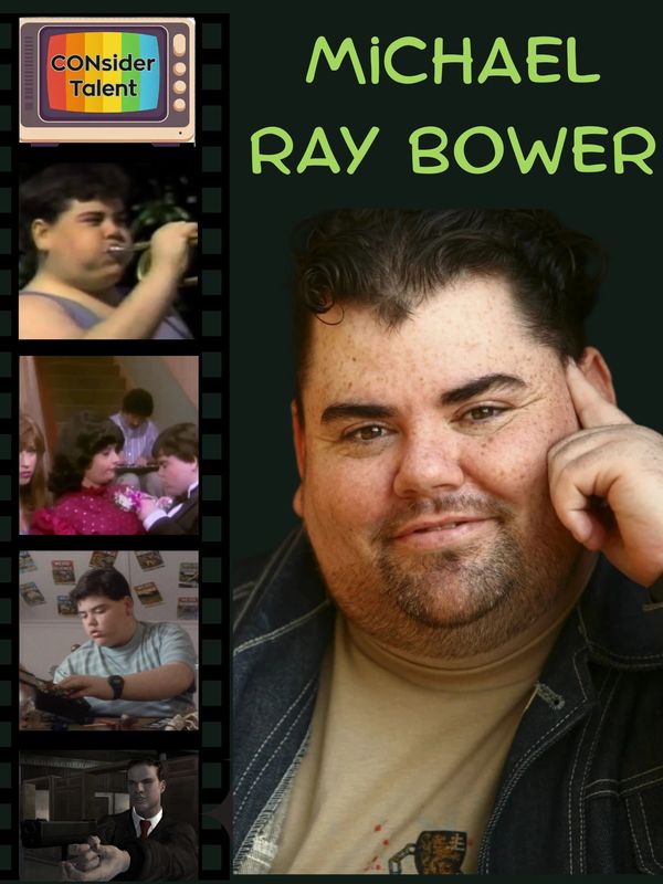 Portrait and film strip showing actor Michael Ray Bower in various roles.