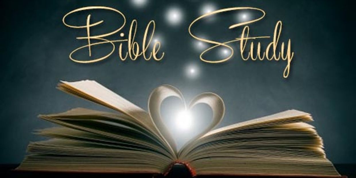 An open Bible with heart-shaped pages and glowing text 'Bible Study'.